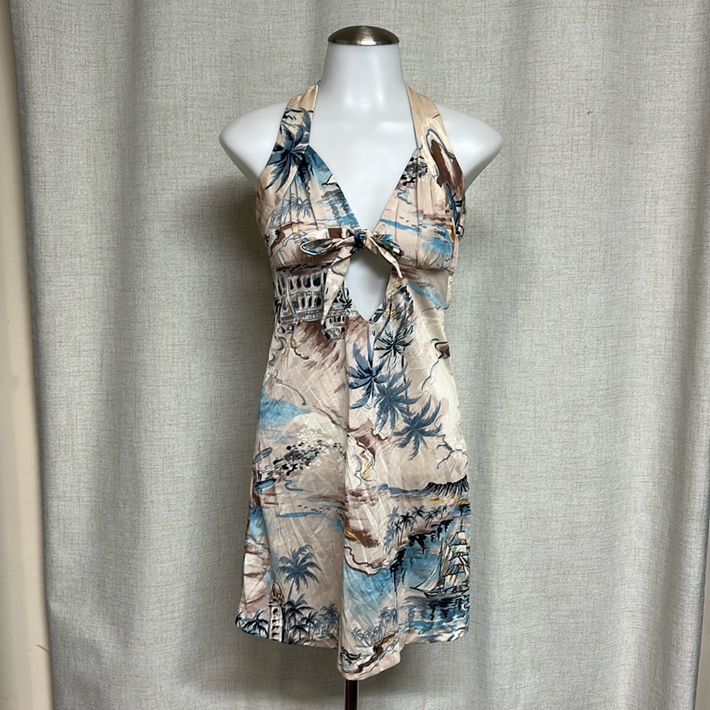 Vintage Hawaiian Honolulu tall sail ship surfer palm tree fabric dress